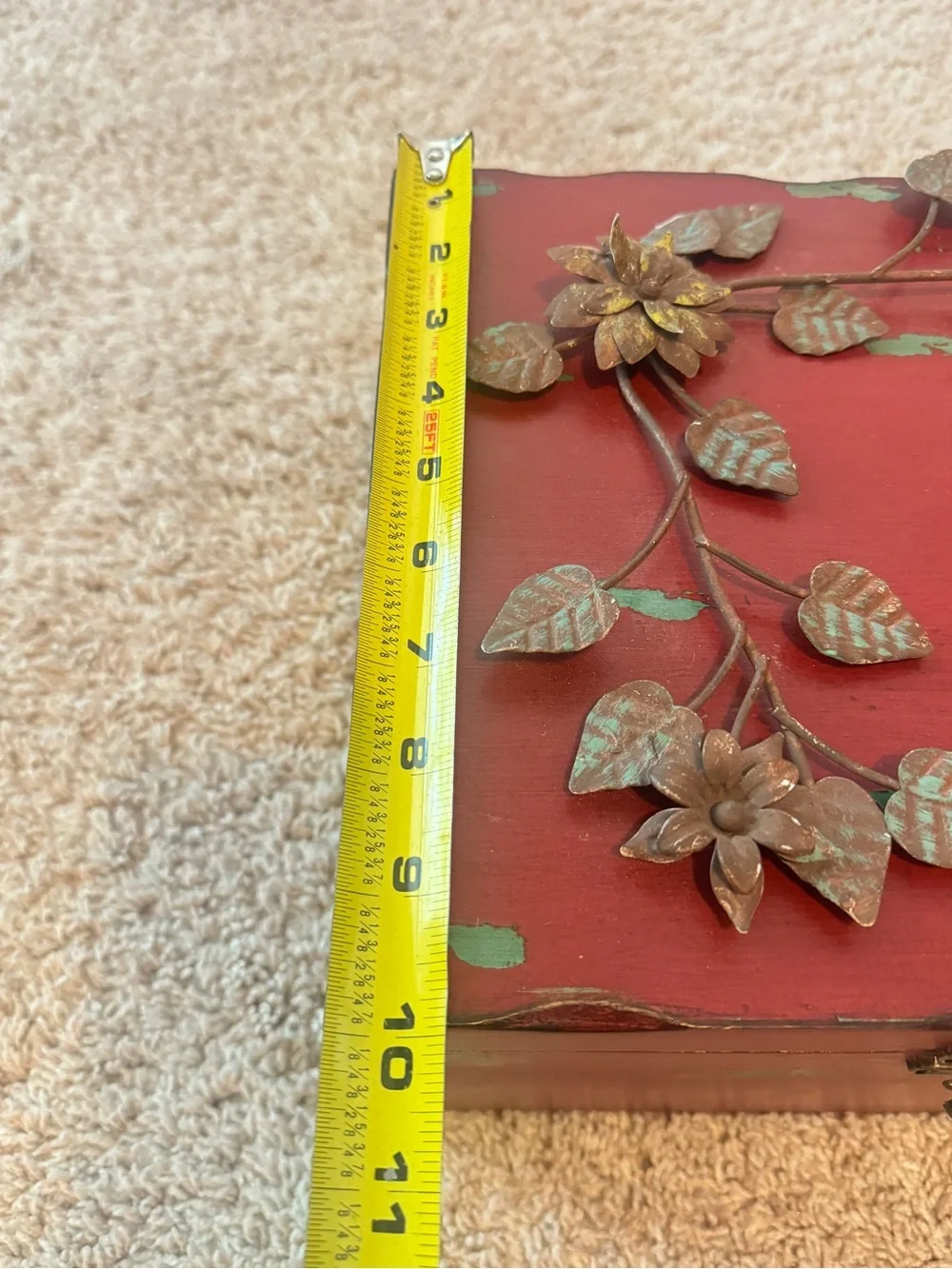 Vintage-Style Red Decorative Jewelry Box with Floral Metal Accent